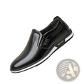 Men white leather casual slip-on shoes in black with white and black sole and gold fashion branding on the side