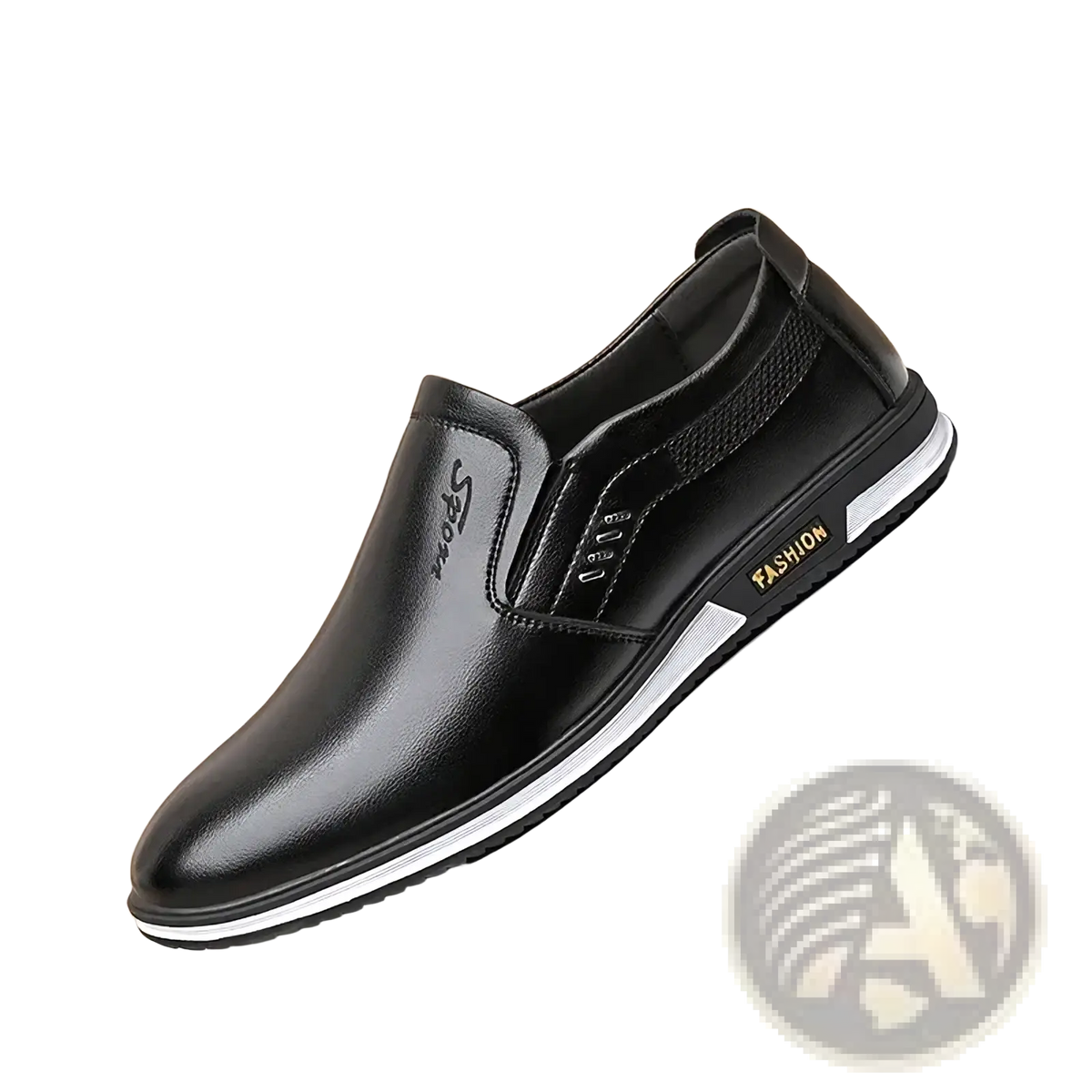 Men white leather casual slip-on shoes in black with white and black sole and gold fashion branding on the side