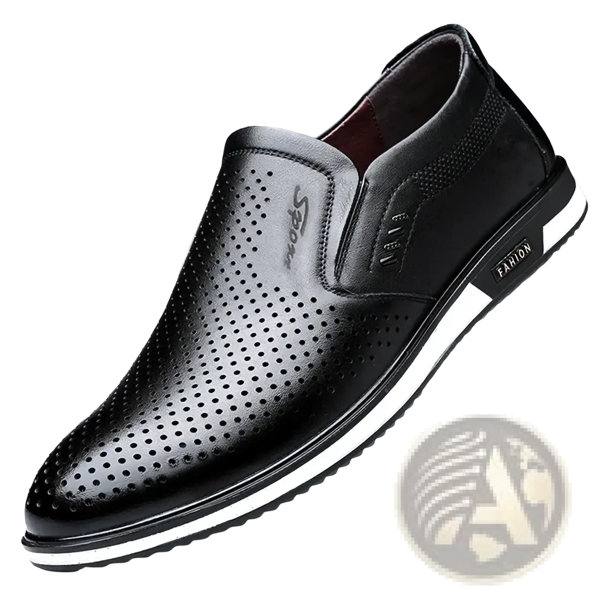 Back side of black perforated leather slip-on shoe with white rubber sole and fashion branding on the heel for men casual wear