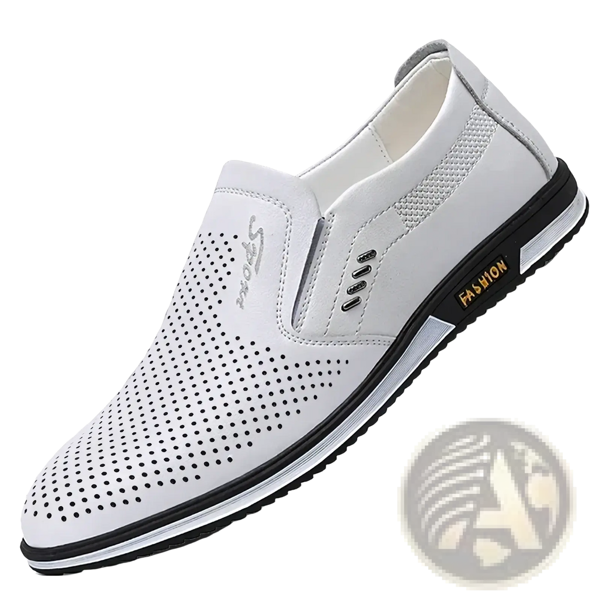 Men white leather casual slip-on shoe with perforated design black accents and fashion logo on the side