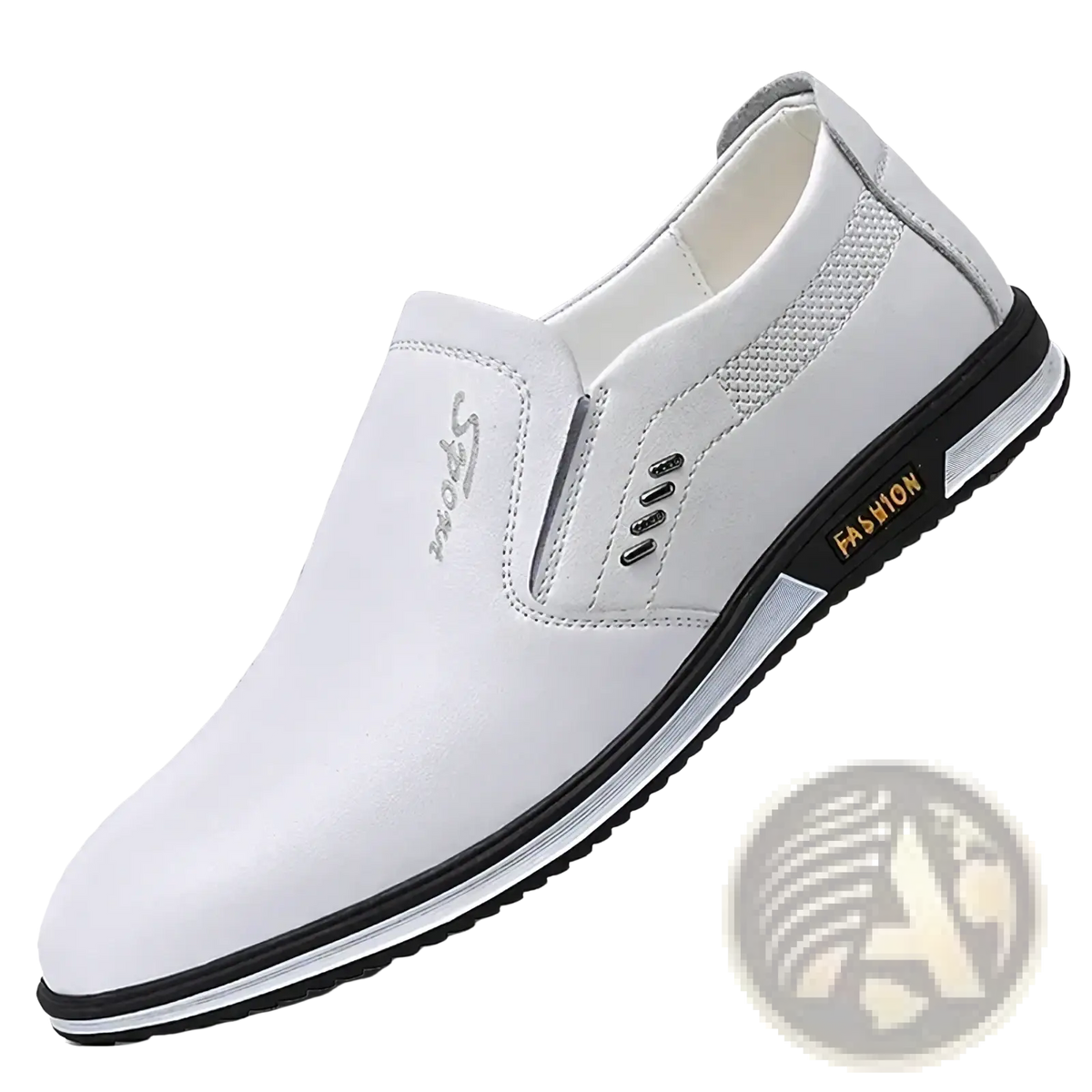 Men white leather casual slip-on shoe with black silver accents and breathable mesh panel featuring fashion branding