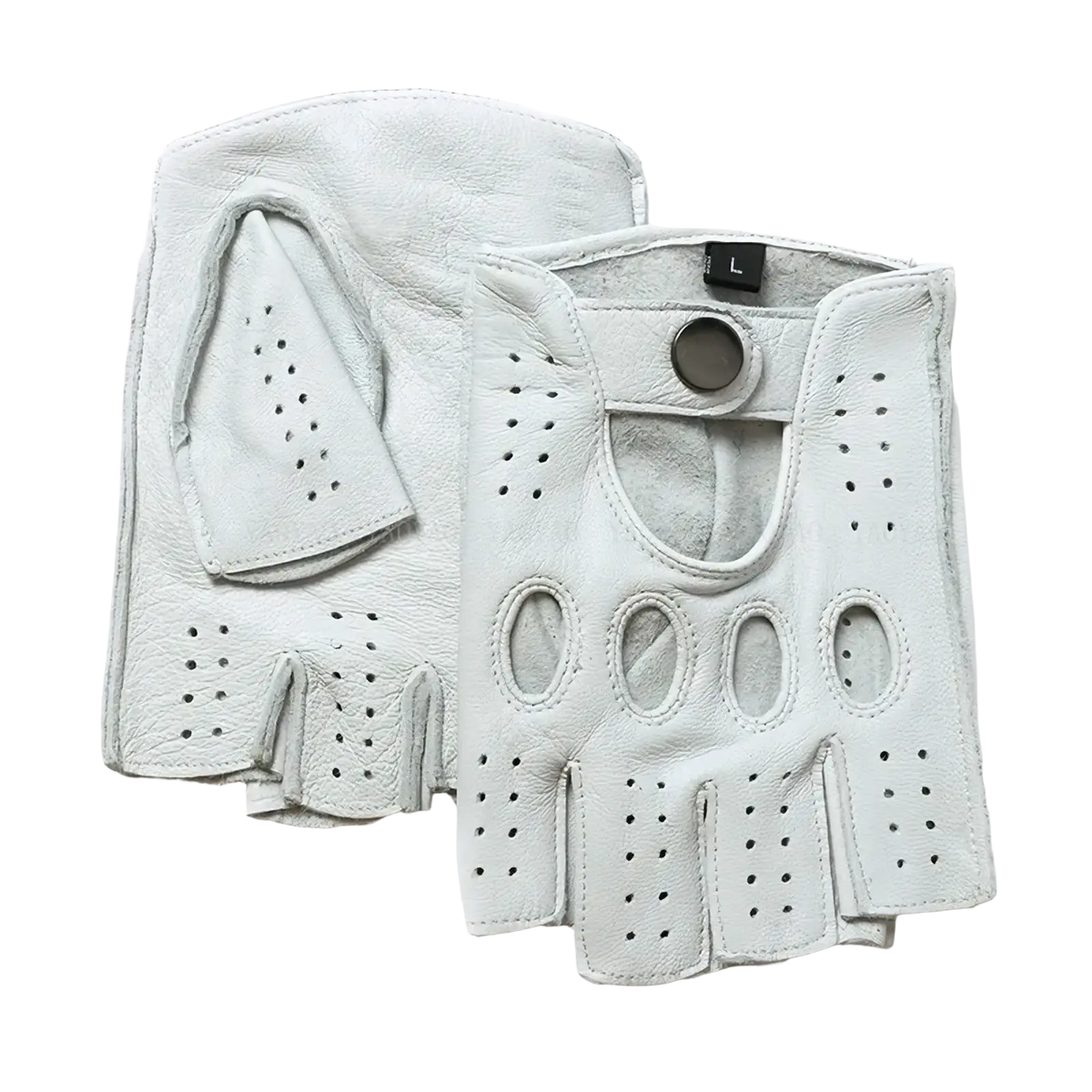 Men white leather fingerless driving gloves with perforated design and adjustable strap shown from the back side