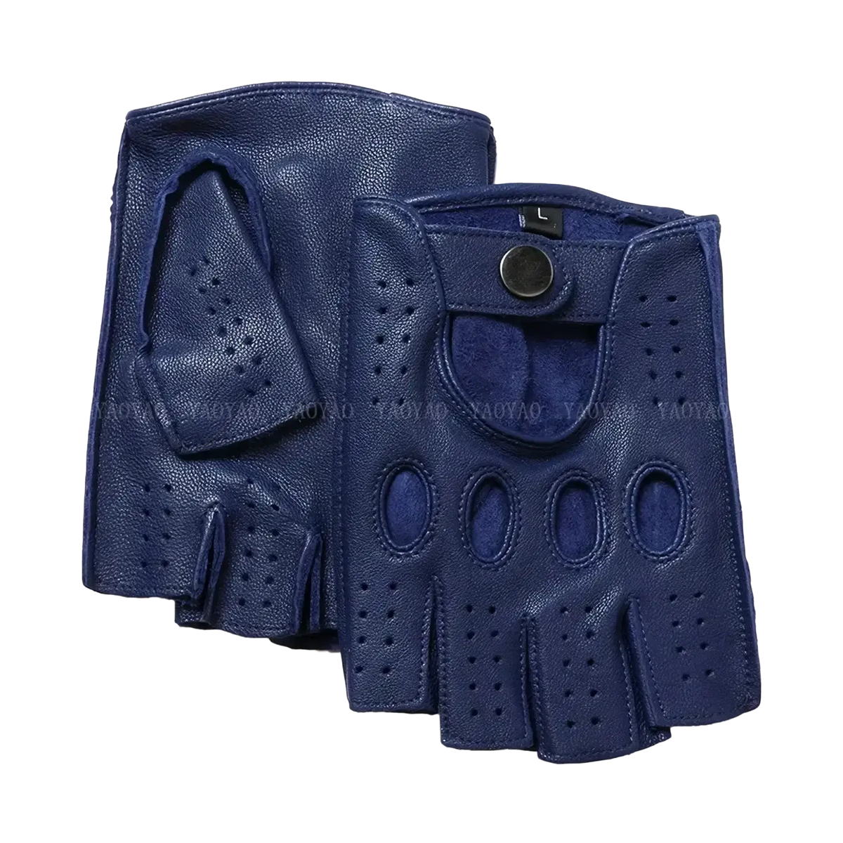 Deep blue leather fingerless driving gloves with perforated detailing and snap closure shown from the back side