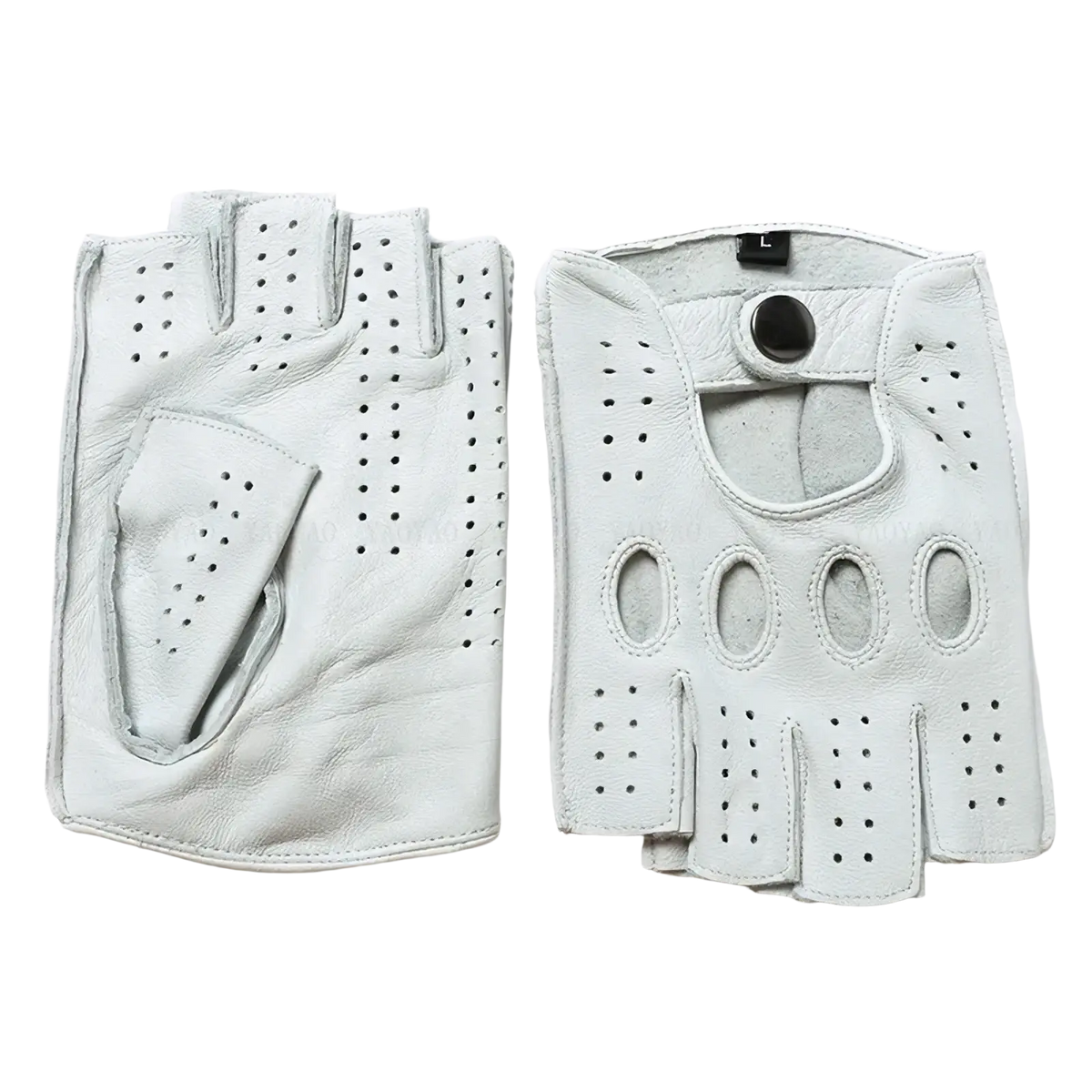 Men white leather fingerless driving gloves with perforated finger sections and snap closure visible on the back side