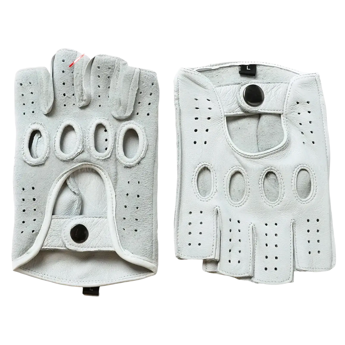Men white leather fingerless driving gloves with perforated design and black button closures shown from back side