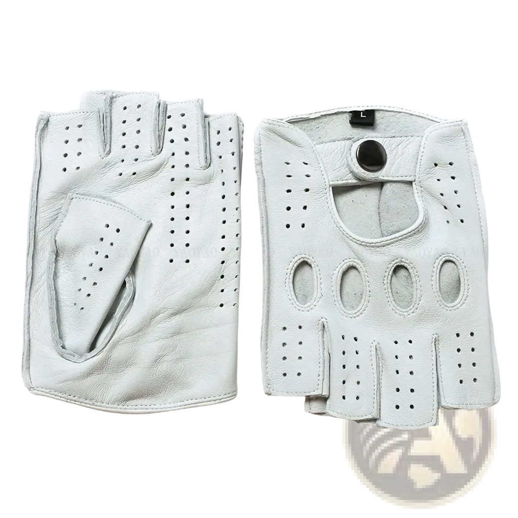 Men white leather fingerless driving gloves with perforated finger sections and snap closure visible on the back side