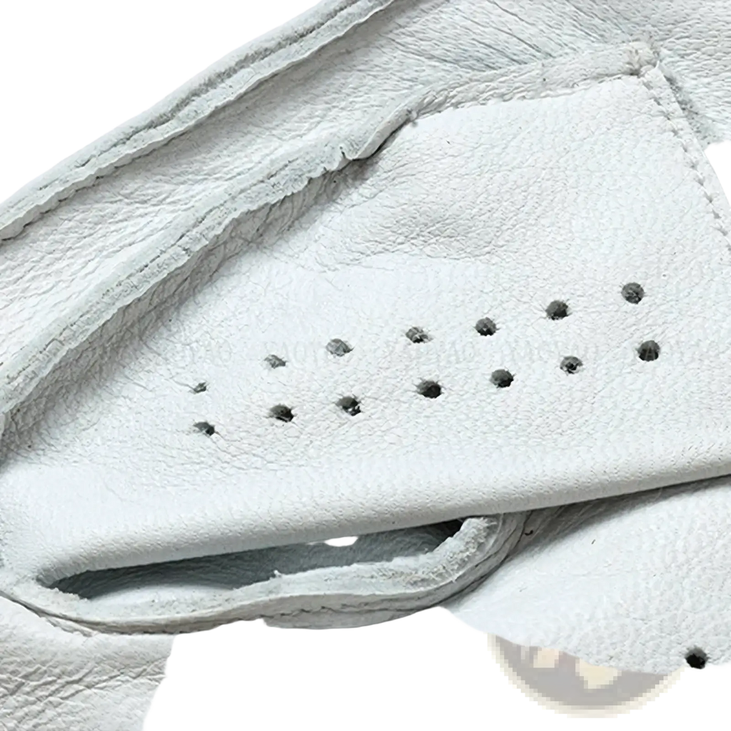 Men white leather fingerless driving glove showing back side with perforated detailing and stitched seams