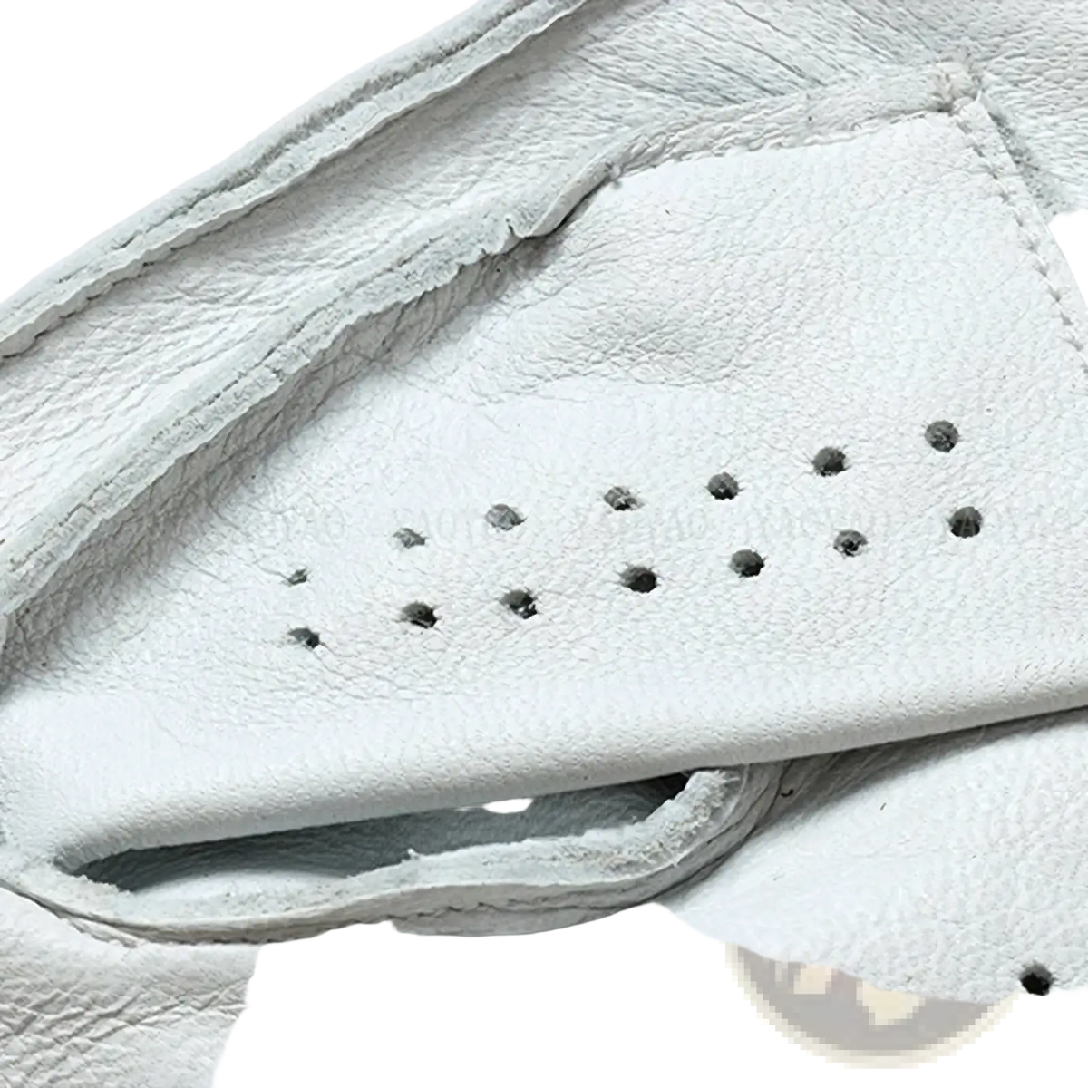 Men white leather fingerless driving glove showing back side with perforated detailing and stitched seams