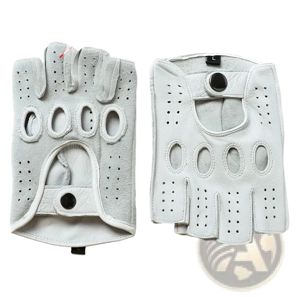 Men white leather fingerless driving gloves made of pure sheepskin with perforated design and black snap closures back side