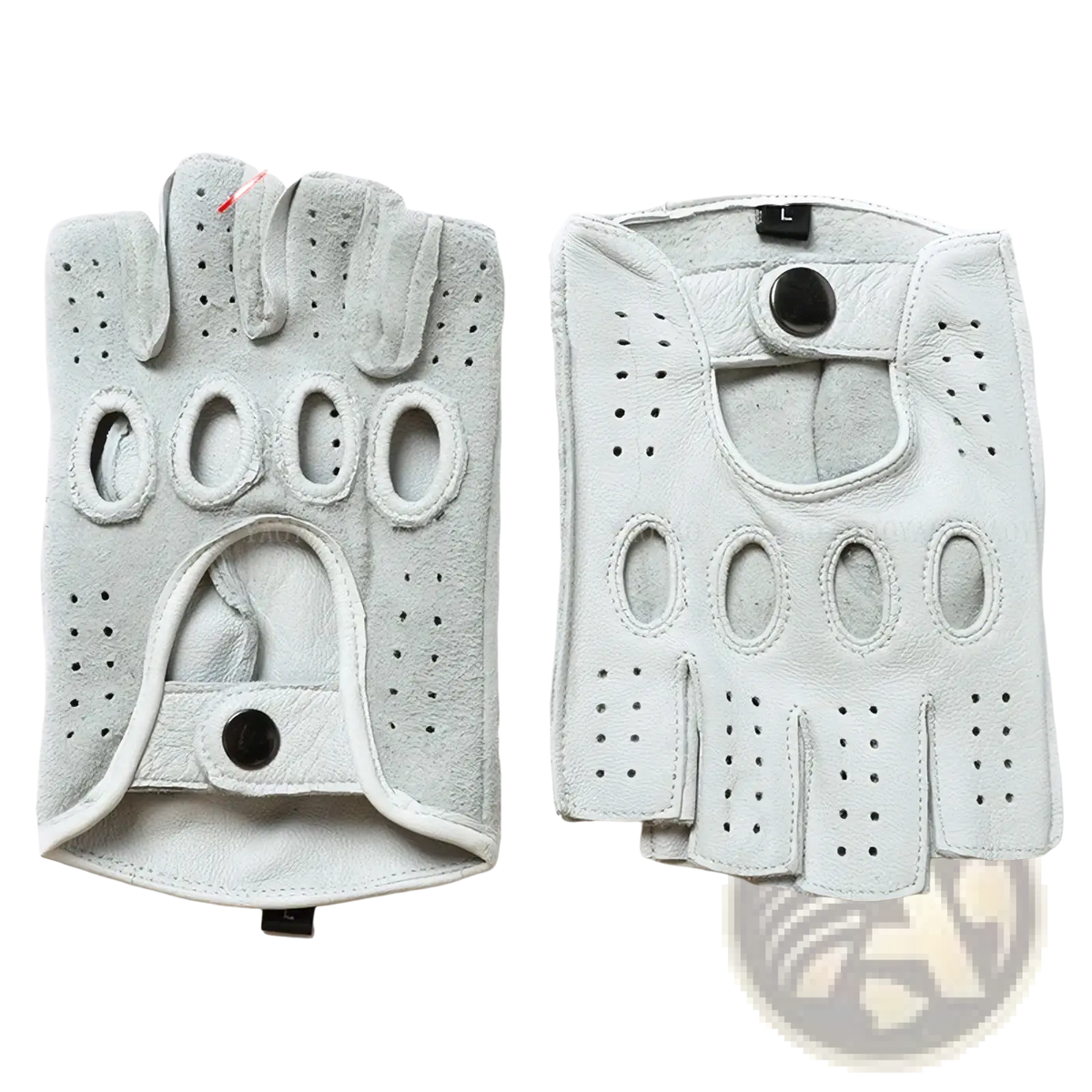 Men white leather fingerless driving gloves made of pure sheepskin with perforated design and black snap closures back side