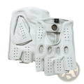 Men white leather fingerless driving gloves with perforated design and adjustable strap shown from the back side