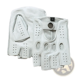 Men white leather fingerless driving gloves with perforated design and adjustable strap shown from the back side