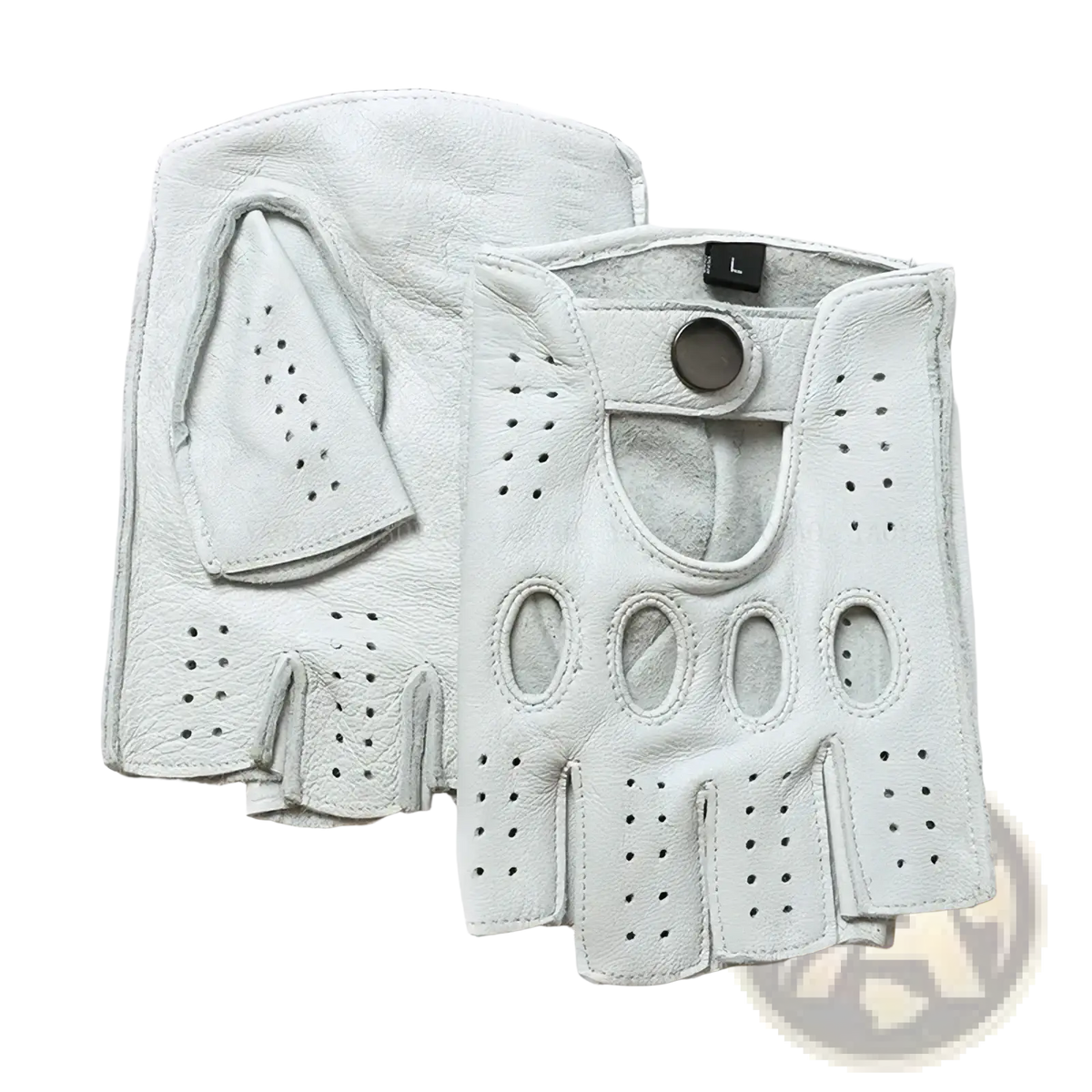 Men white leather fingerless driving gloves with perforated design and adjustable strap shown from the back side