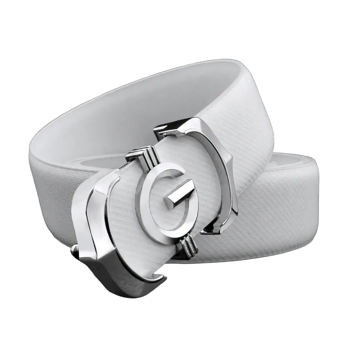 Men white leather belt with sleek silver-toned metal buckle featuring embossed interlocking g logo