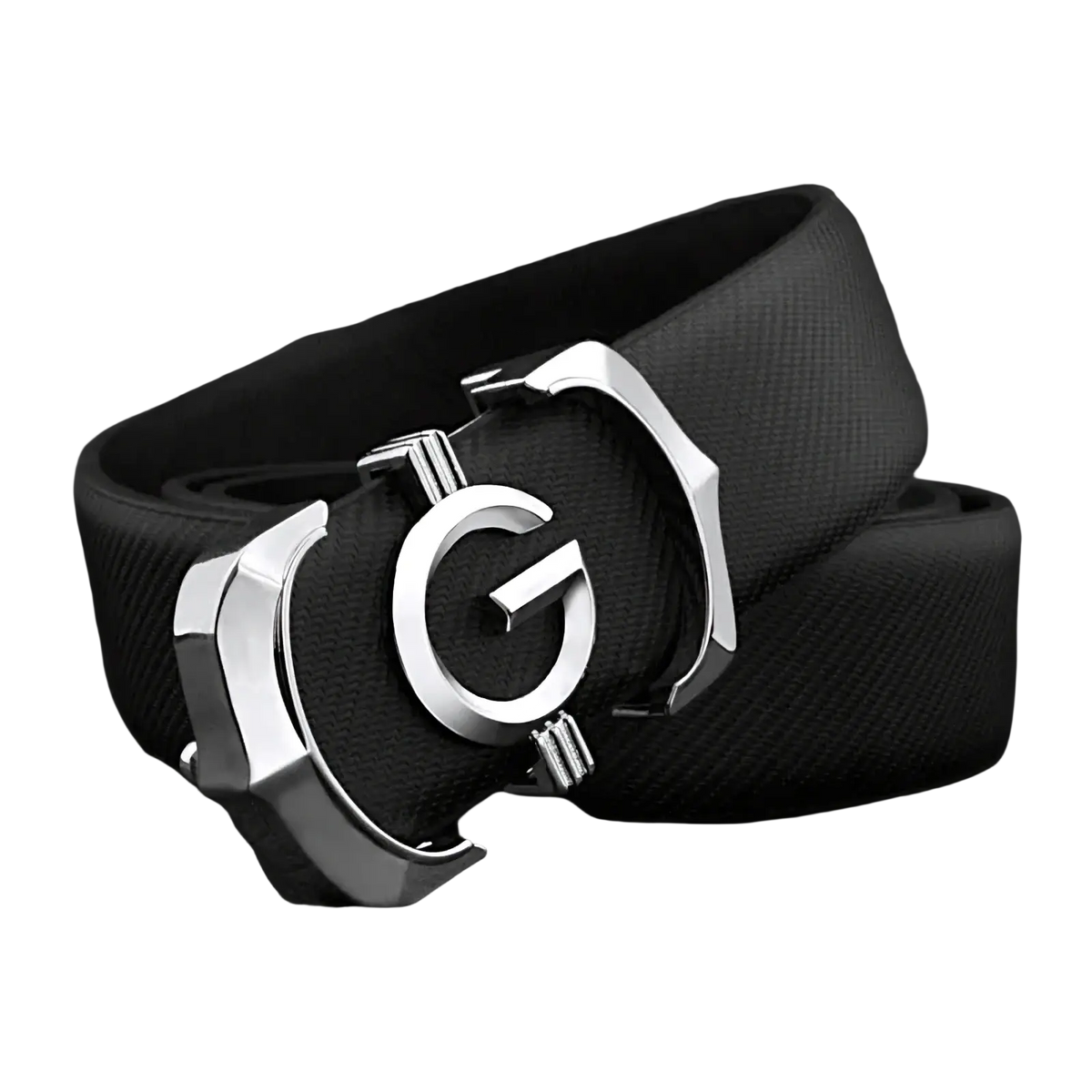 Black leather men belt with a sleek silver-toned metal buckle featuring an embossed g logo