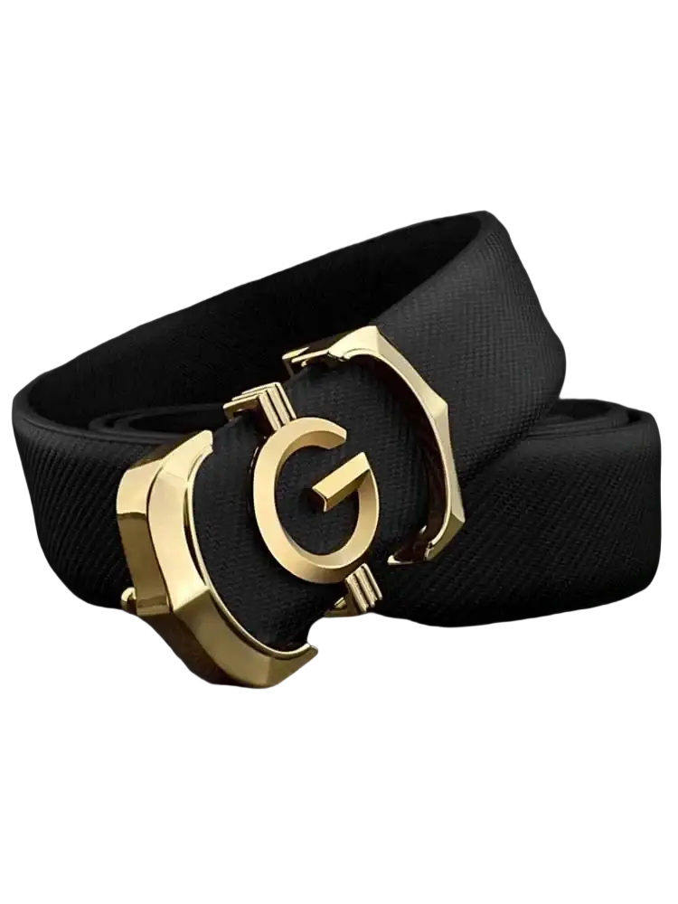 Men white leather belt with black textured strap and gold-tone buckle embossed with g logo