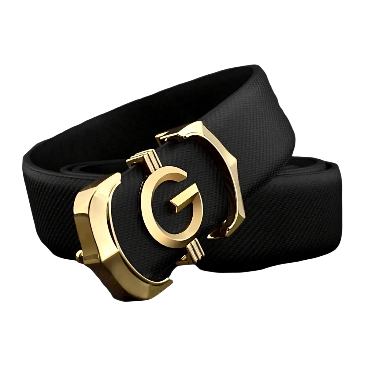 Black textured leather men belt with prominent gold tone interlocking g logo buckle