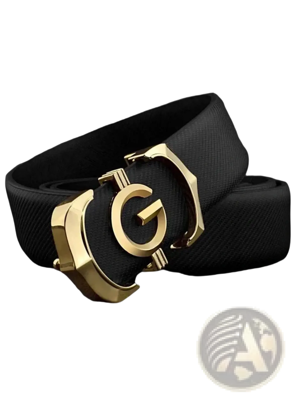 Men white leather belt with black textured strap and gold-tone buckle embossed with g logo