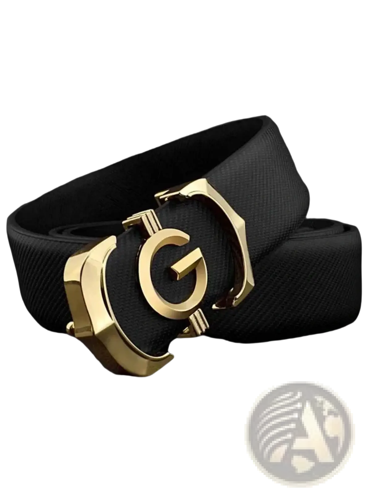 Men white leather belt with black textured strap and gold-tone buckle embossed with g logo