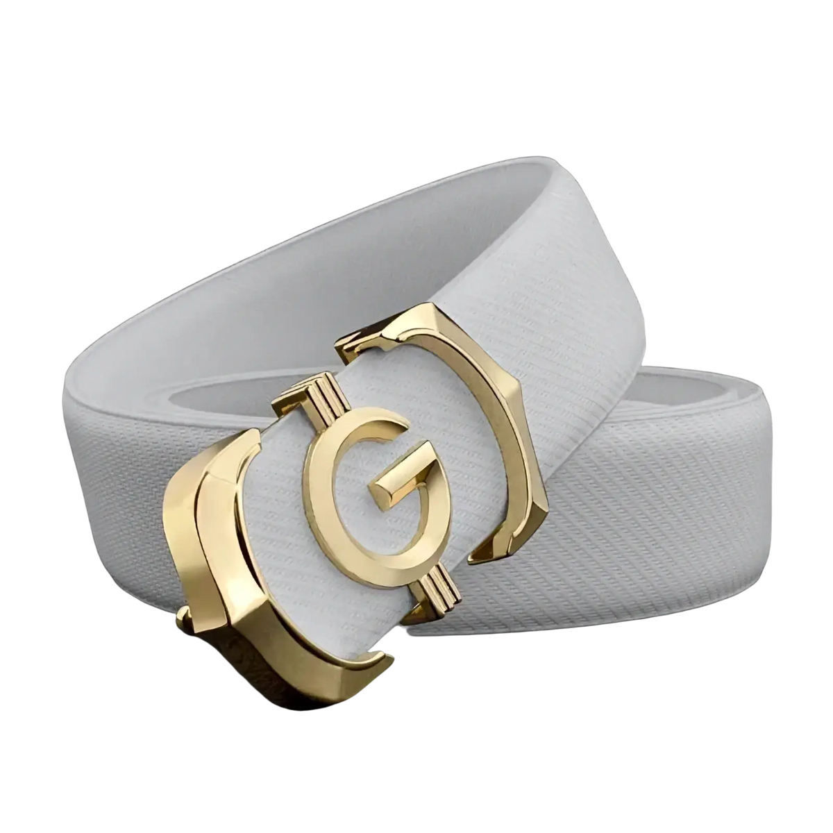 Men white leather belt with elastic design and gold-tone interlocking g logo buckle