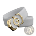 Men white leather belt with elastic design and gold-tone interlocking g logo buckle