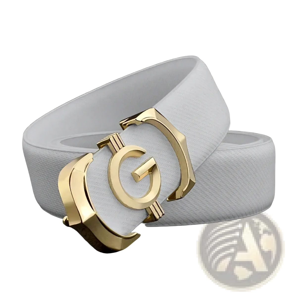 Men white leather belt with elastic design and gold-tone interlocking g logo buckle