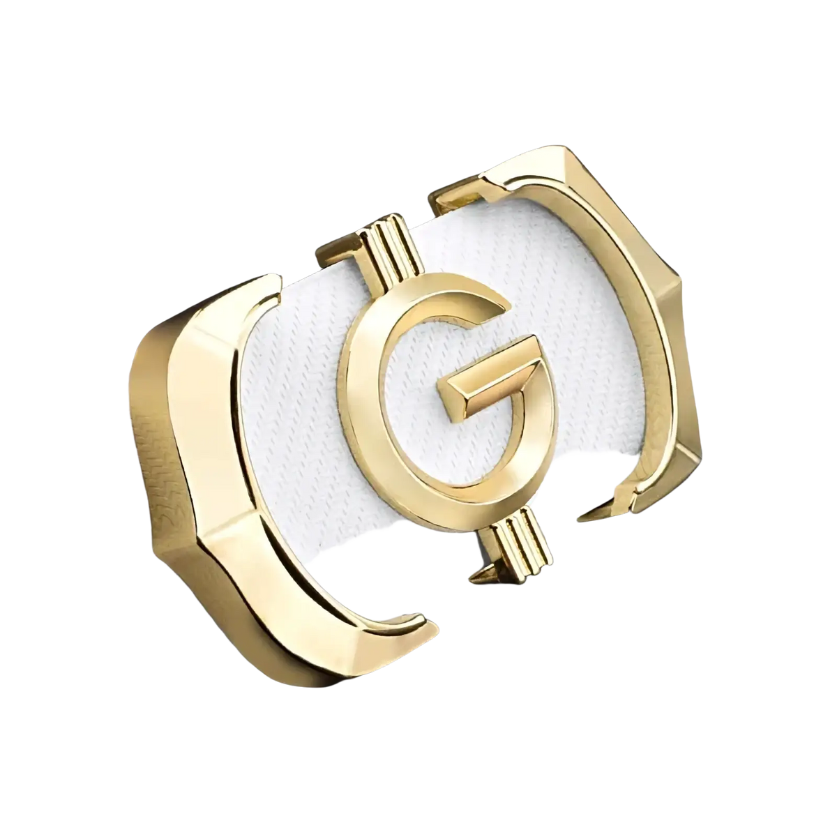 Men white leather belt with gold-tone buckle featuring a prominent g logo and textured white strap