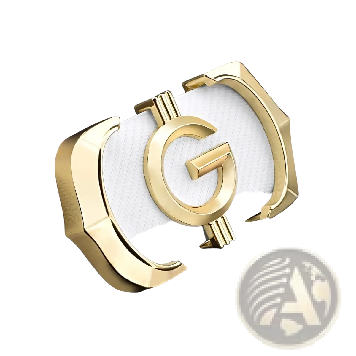 Men white leather belt with gold-tone buckle featuring a prominent g logo and textured white strap