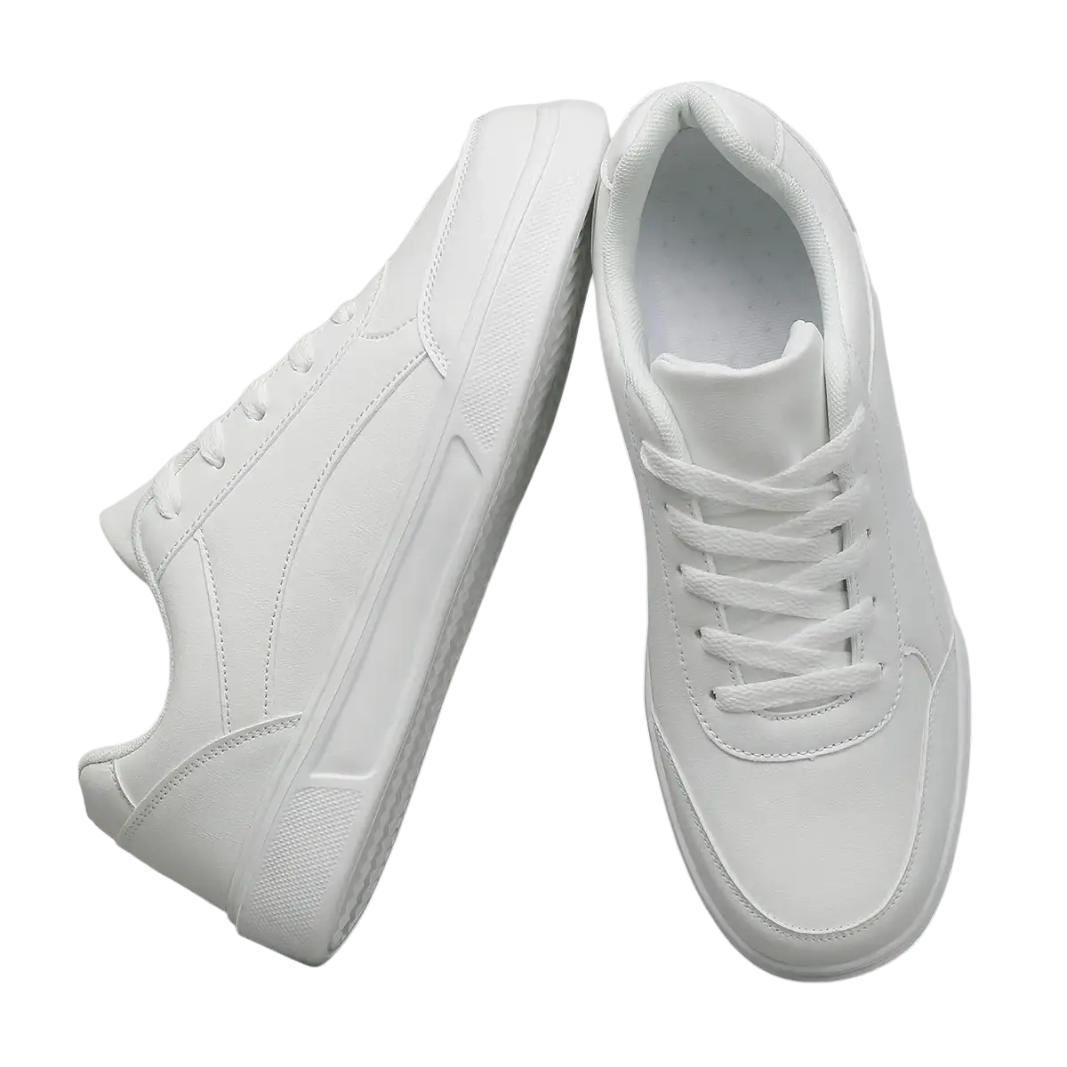 Men white leather minimalist low top sneakers featuring clean design and matching laces for a sleek look