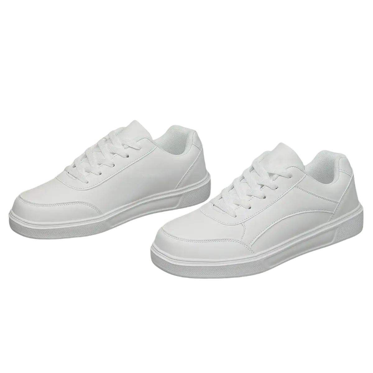 Men white leather minimalist low top sneakers with clean design and matching white laces for casual wear