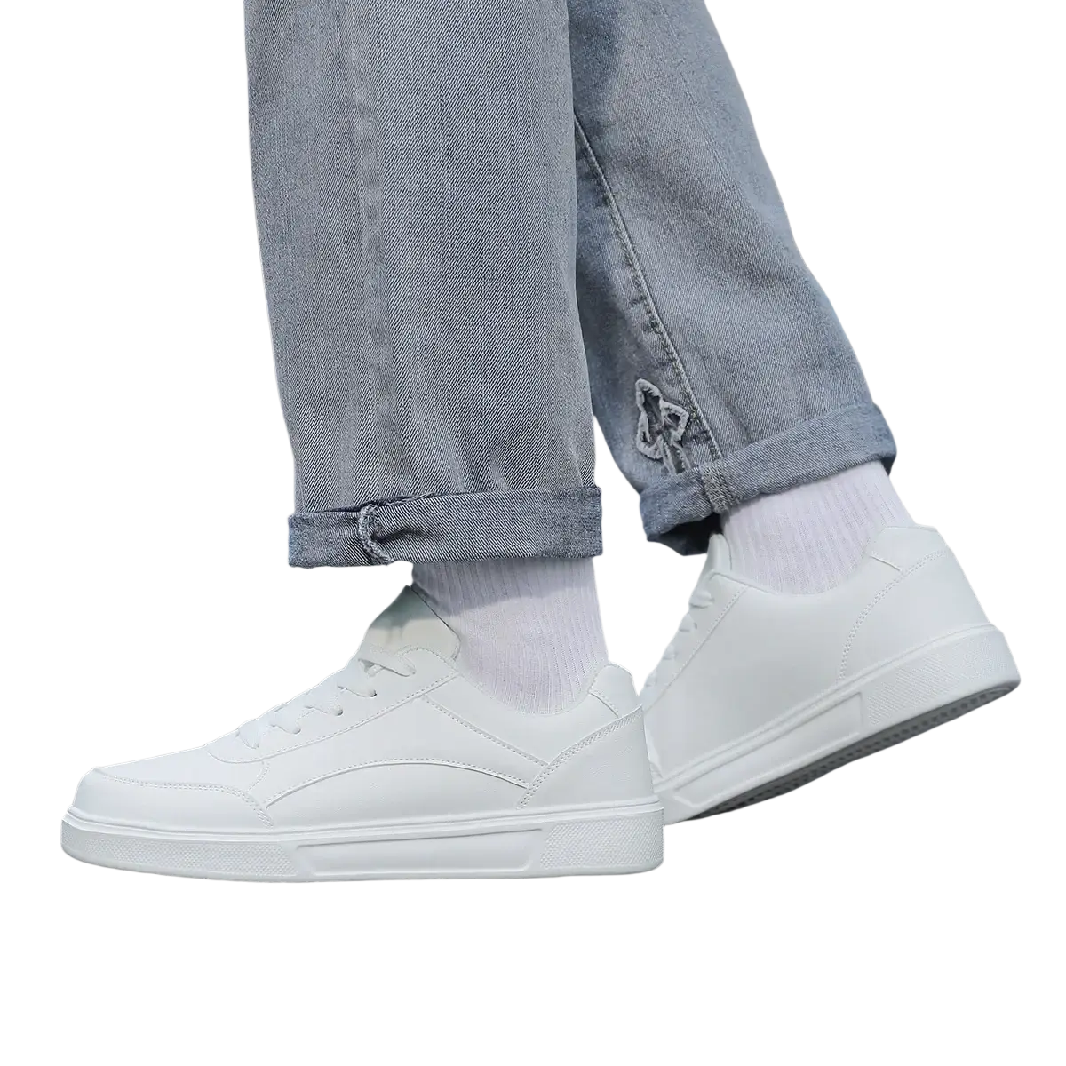 Men white leather minimalist low top sneakers featuring a clean design with subtle stitching details