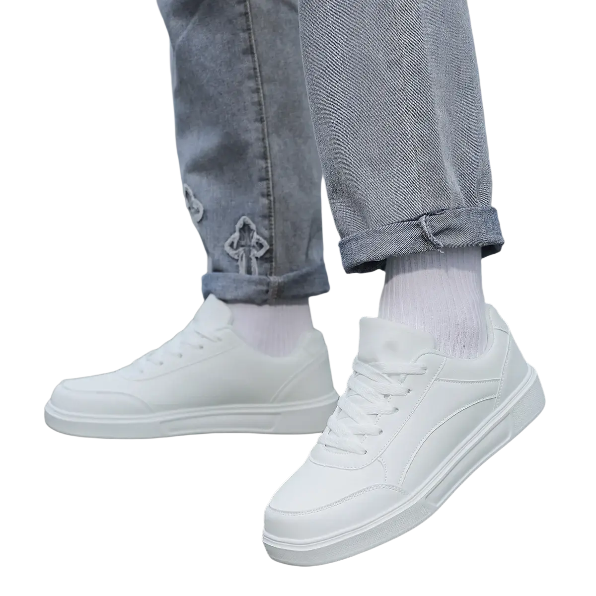 Men white leather minimalist low top sneakers with smooth leather upper and clean design for casual wear