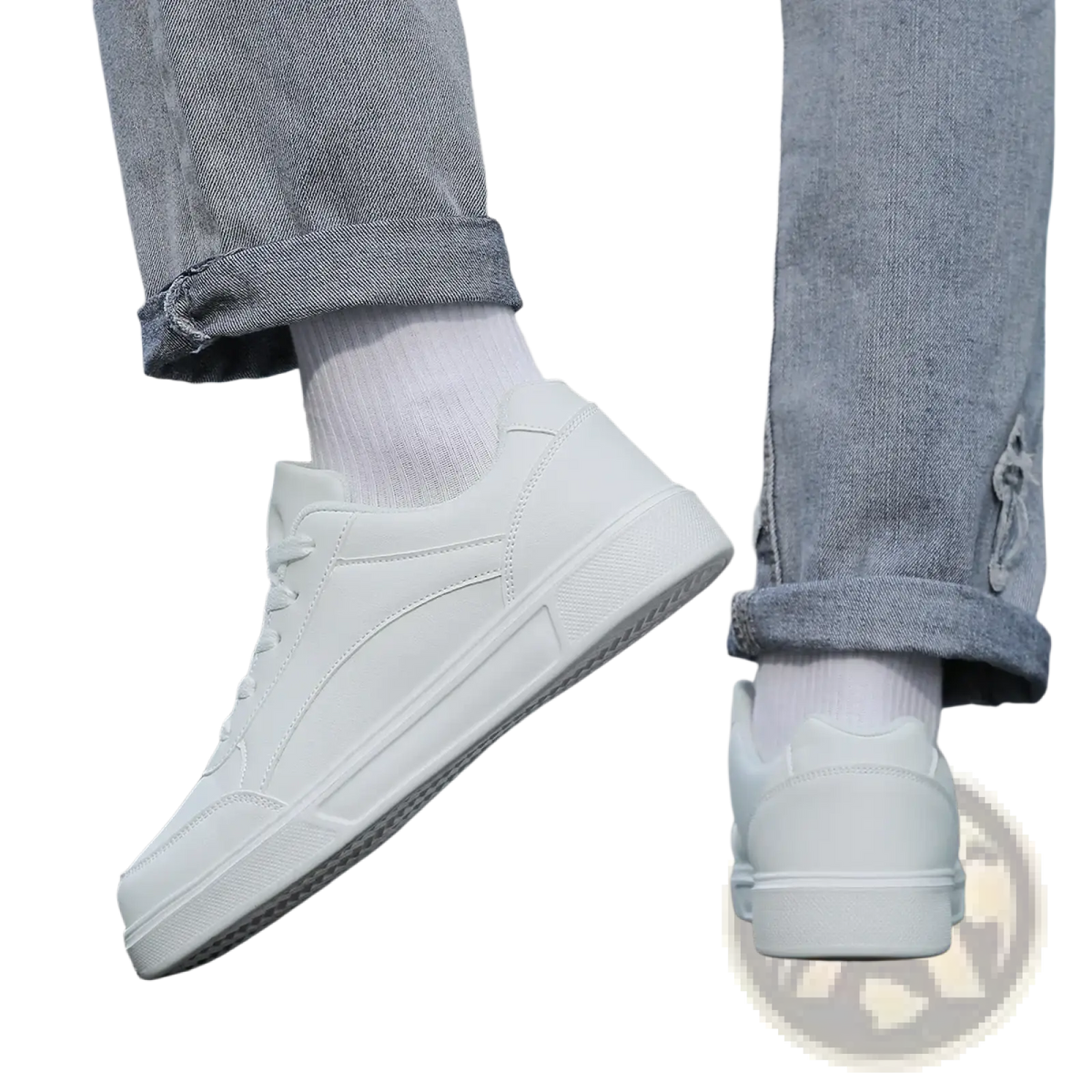 Men white leather minimalist low top sneakers with clean design and smooth leather upper
