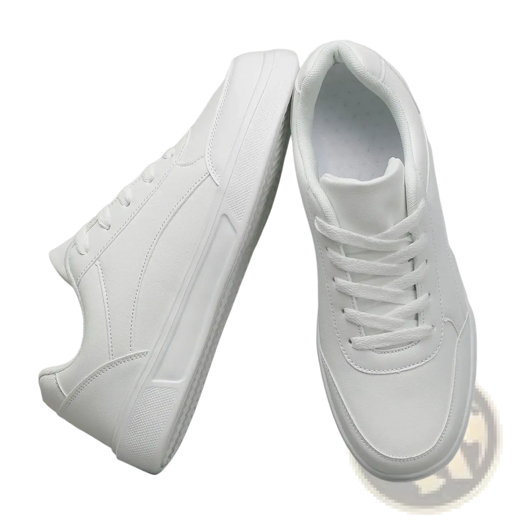 Men white leather minimalist low top sneakers featuring clean design and matching laces for a sleek look