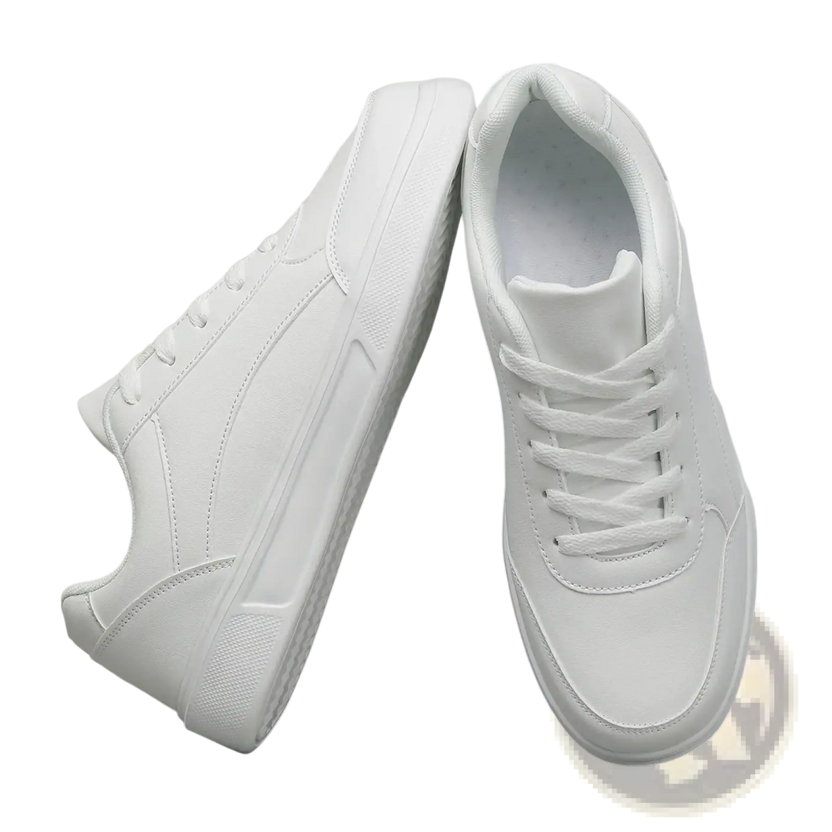 Men white leather minimalist low top sneakers featuring clean design and matching laces for a sleek look