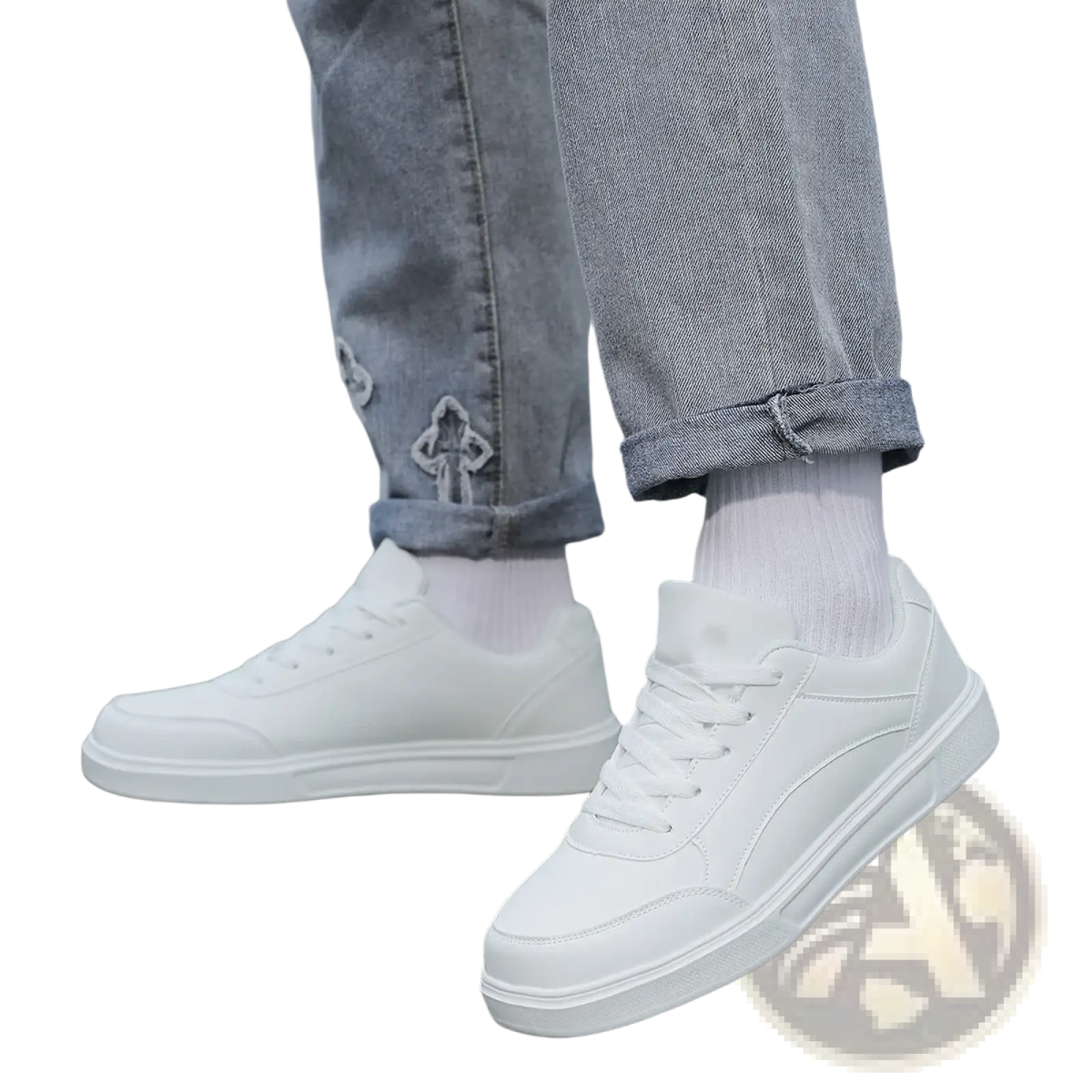 Men white leather minimalist low top sneakers with smooth leather upper and clean design for casual wear