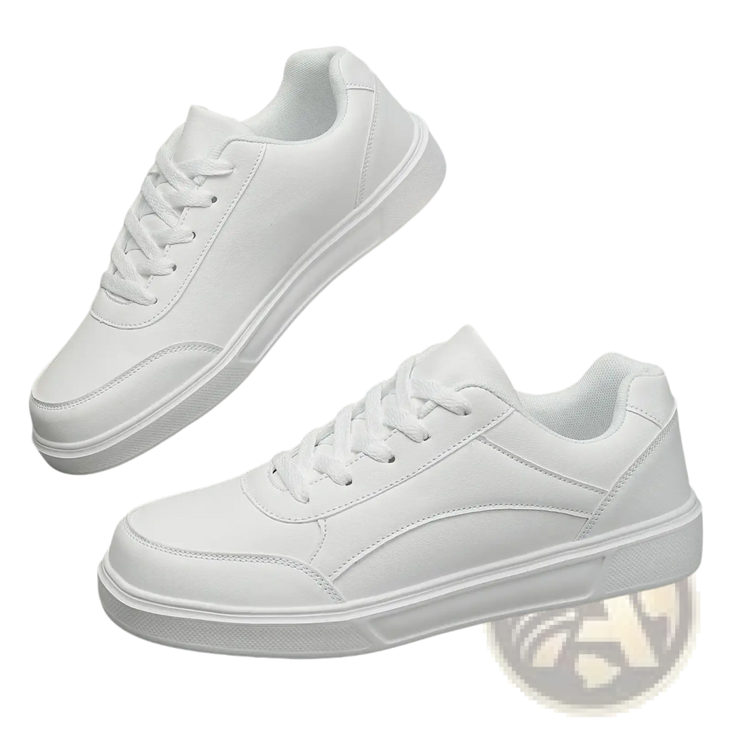 Men white leather minimalist low top sneakers with matching laces and a clean sleek design