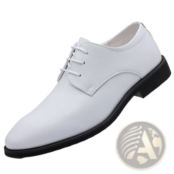 Men white leather oxford dress shoe with lace-up design and black rubber sole for formal occasions