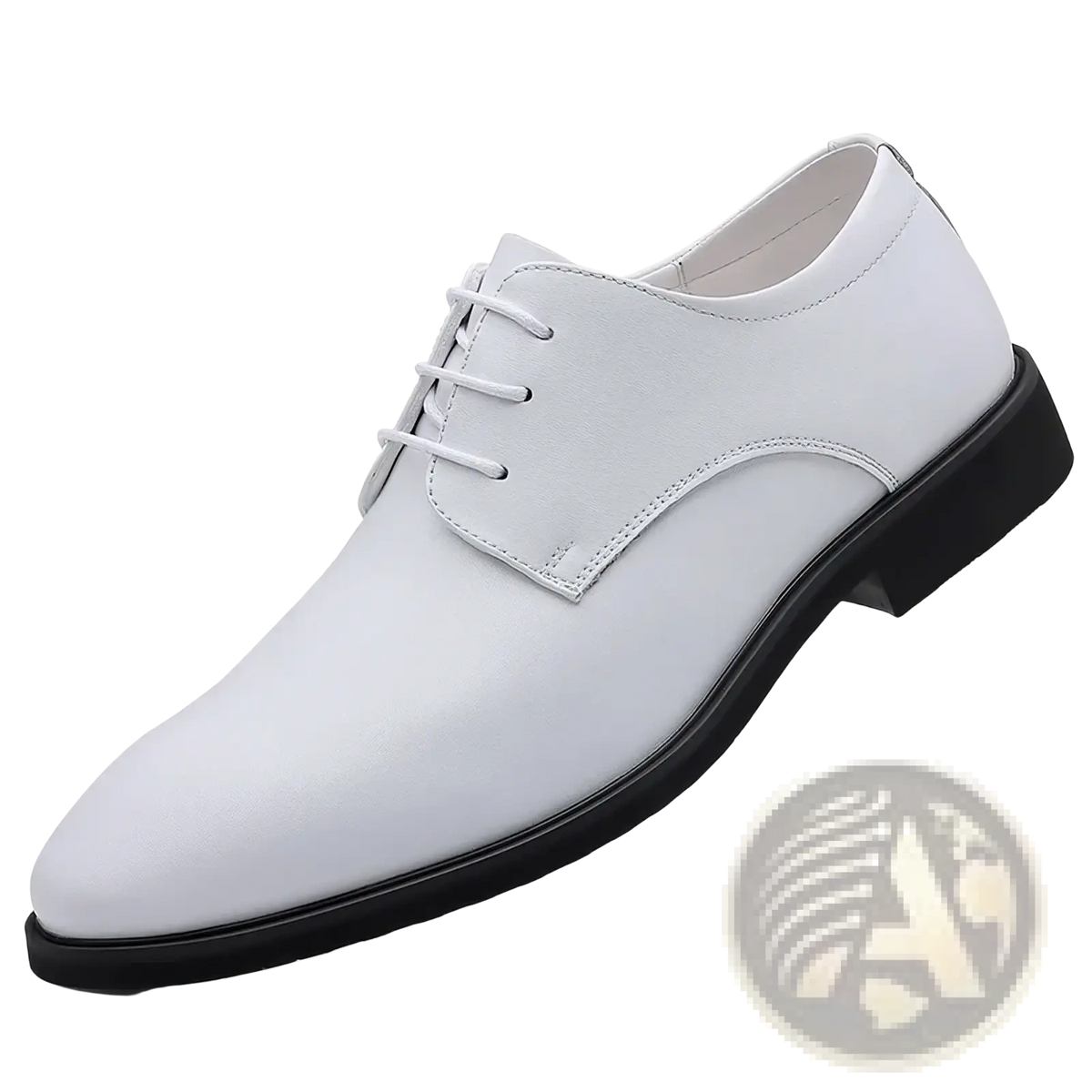 Men white leather oxford dress shoe with lace-up design and black rubber sole for formal occasions