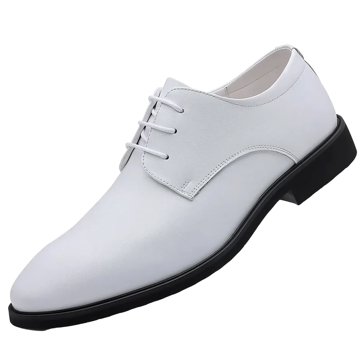 Men white leather oxford dress shoe with lace-up design and black rubber sole for formal occasions