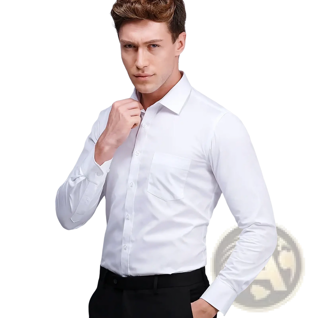 Men white long sleeve formal dress shirt with classic collar and button-down front in 5xl size