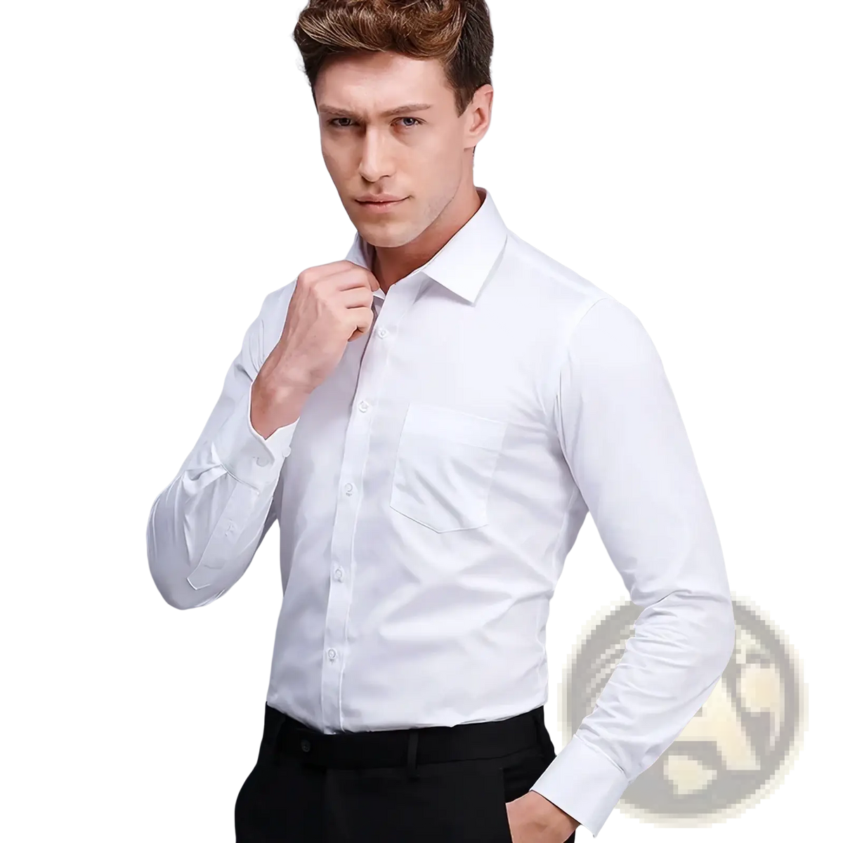 Men white long sleeve formal dress shirt with classic collar and button-down front in 5xl size