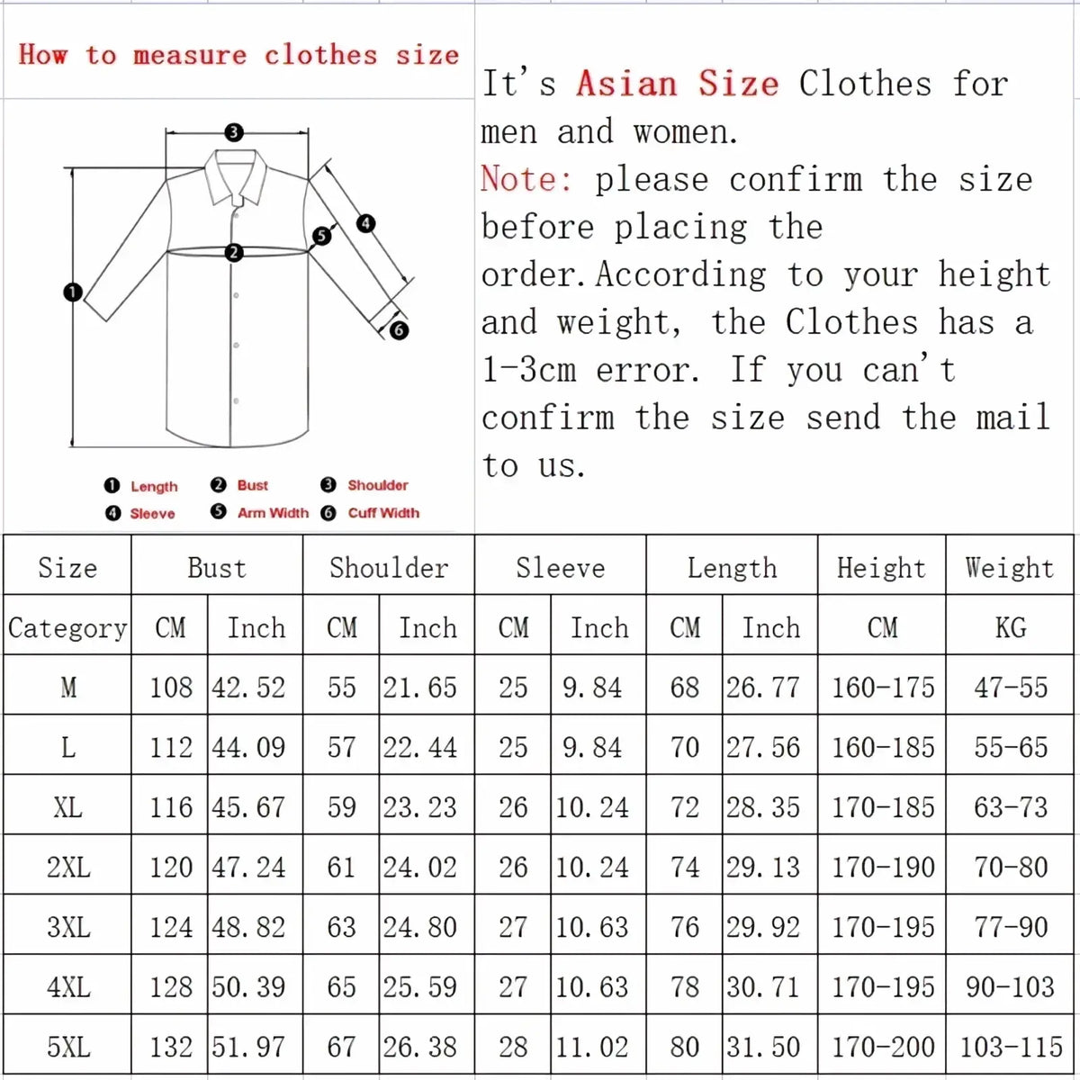 Asian size chart for men white oversized casual half sleeve shirt with bust shoulder sleeve length height weight measurements