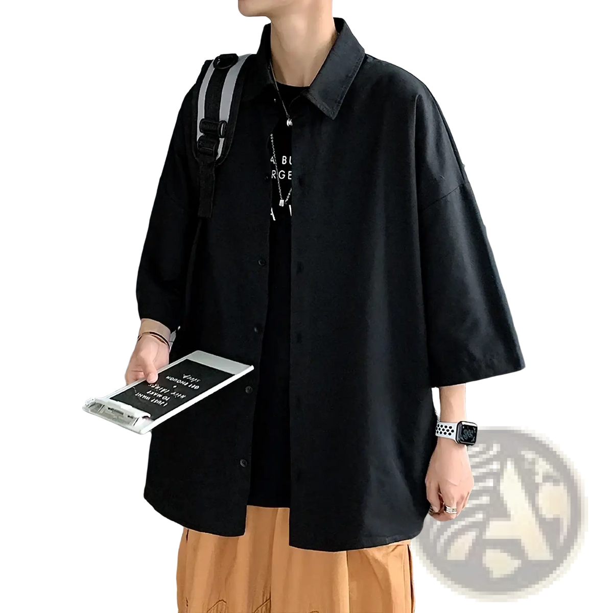 Men white oversized casual half sleeve shirt shown in black with classic collar and short sleeves