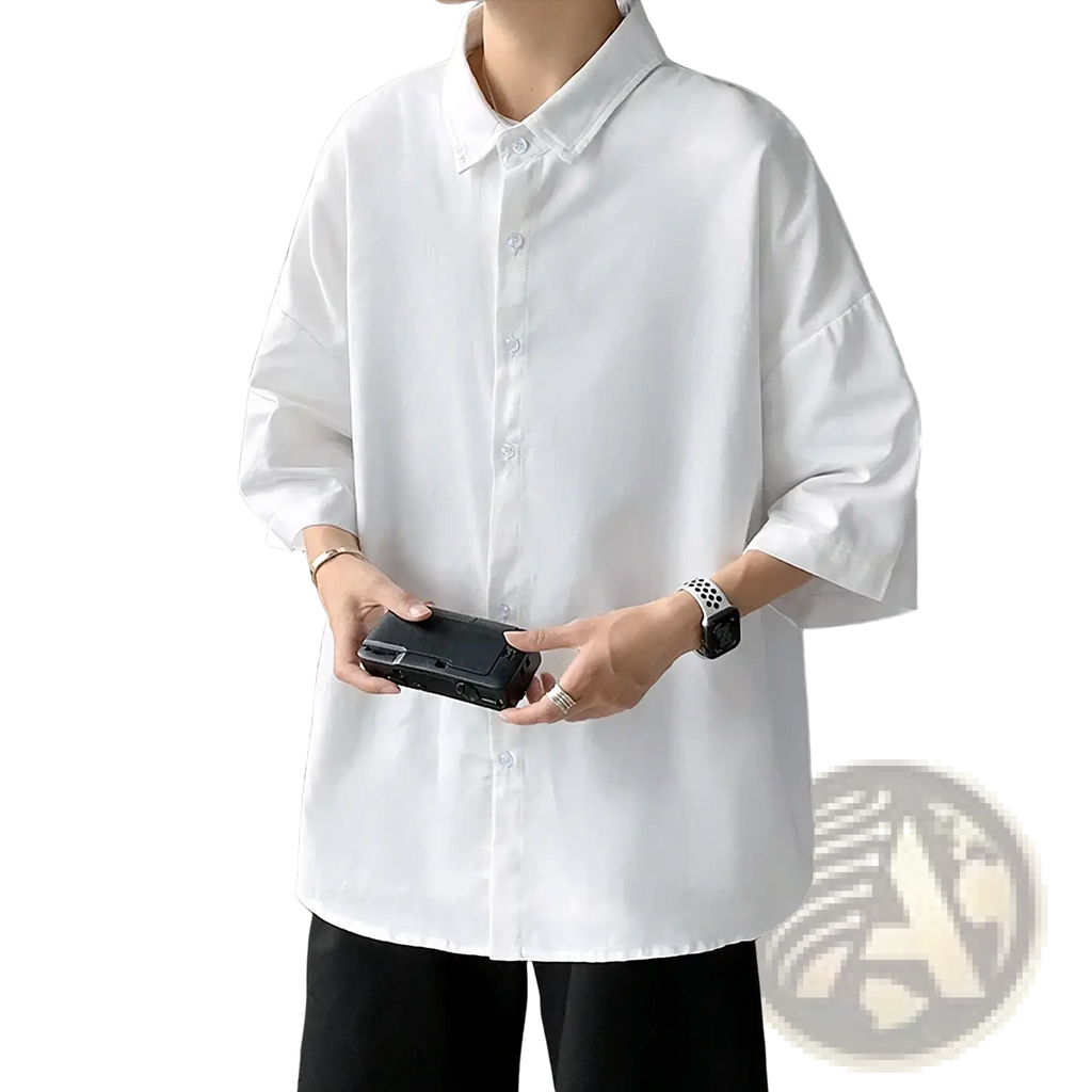 Black rectangular phone case with textured surface and camera cutout shown from the back for men white oversized casual half sleeve shirt product