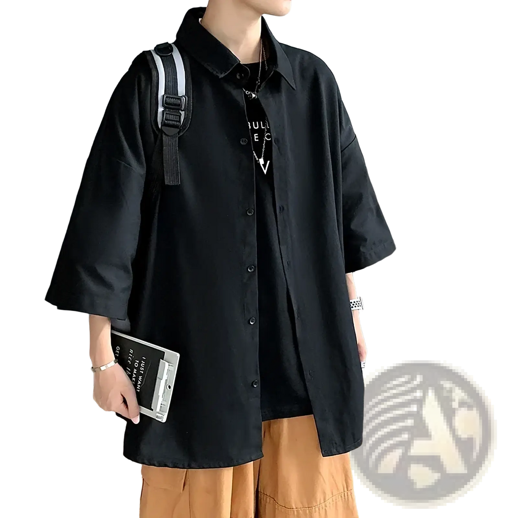 Black oversized casual half sleeve button-up shirt with relaxed fit and collar for men