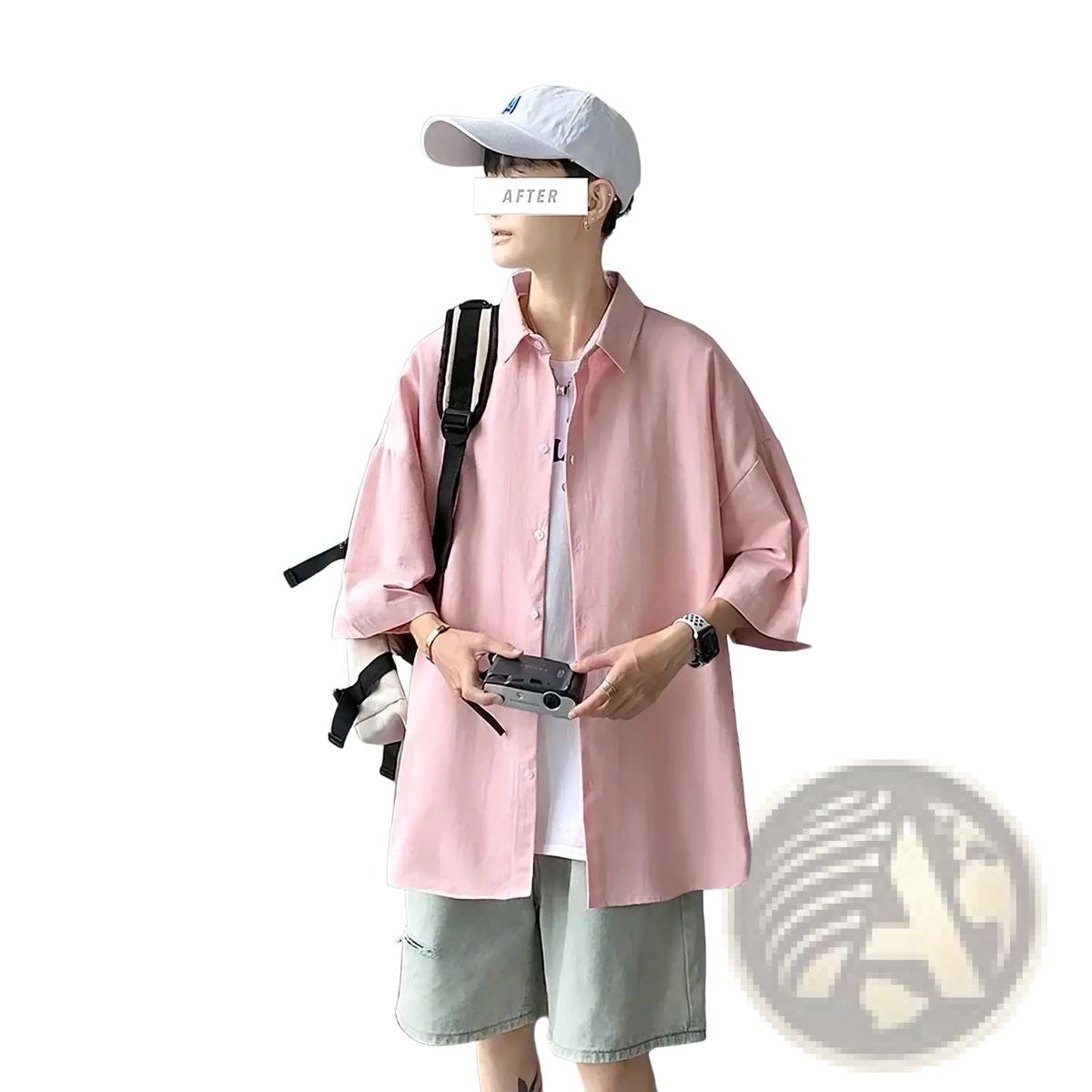 Pink oversized casual button-up shirt with short sleeves and relaxed fit for men