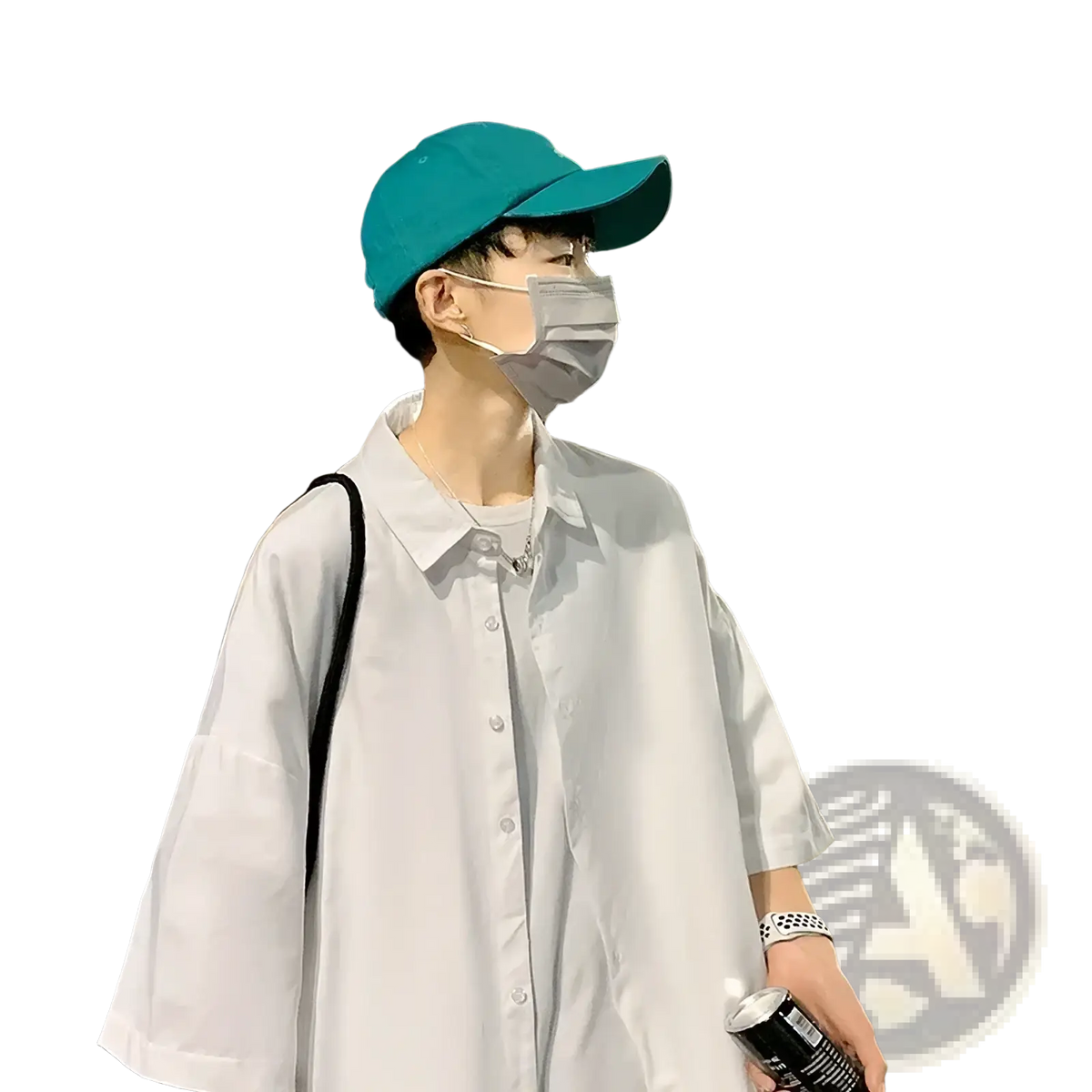 Men white oversized casual half sleeve shirt paired with a teal baseball cap for a relaxed everyday look