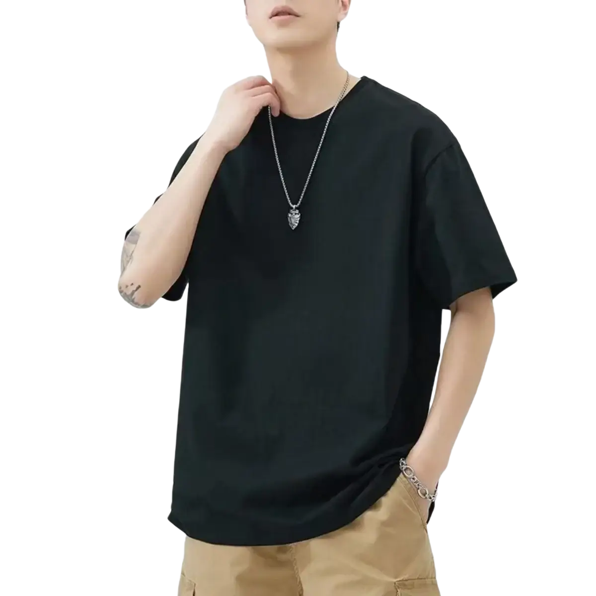 Men white oversized cotton t-shirt displayed as a black oversized cotton t-shirt with a relaxed fit and short sleeves
