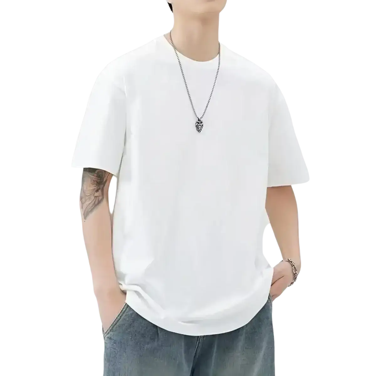 Men white oversized cotton t-shirt with relaxed fit white oversized short-sleeved round neckline